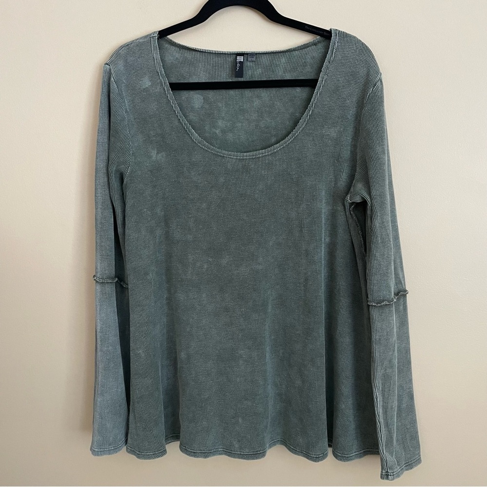 Kut from the Kloth Cleo Thermal Knit Long Sleeve Scoop Neck Top Green Size L